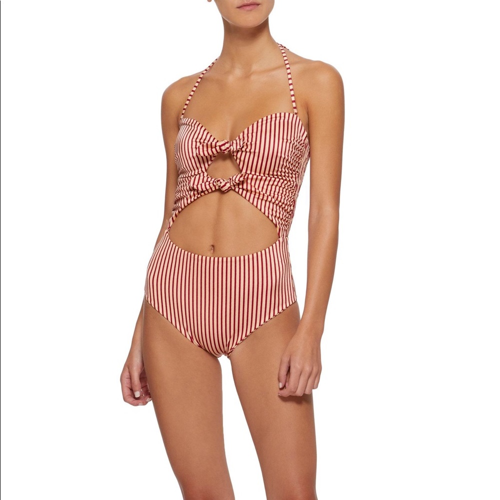 Tori Praver roux one piece red white stripe suit
